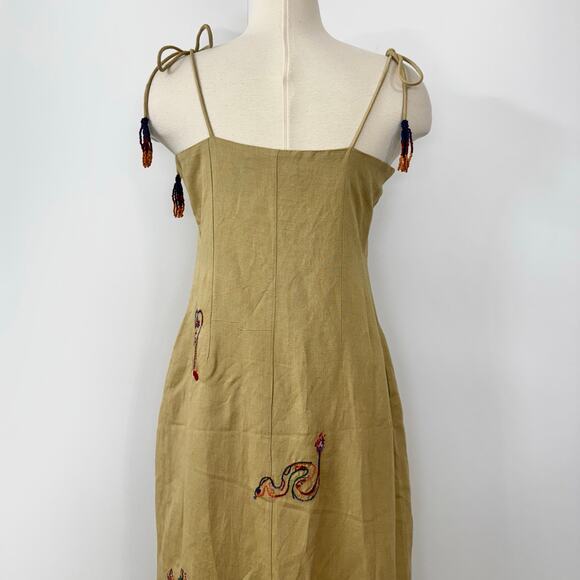 FARM Rio Embroidered Linen Blend Side Slit Midi Dress Ivory Beige M NWT - Picture 8 of 10